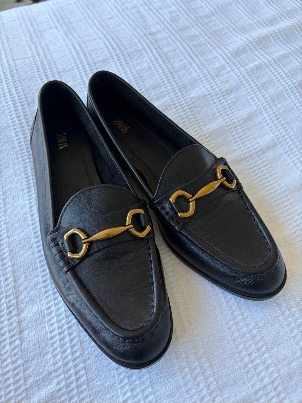Zara Black Leather Loafers with Gold Horsebit Detail